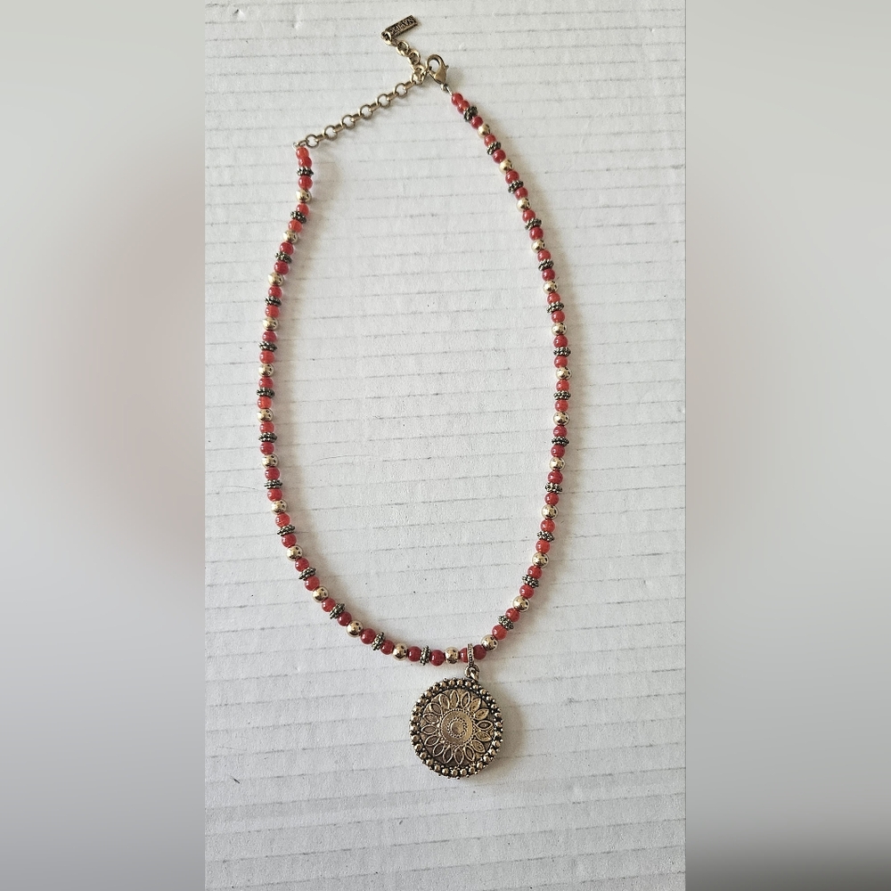 Napier goldtone‎ and red bead pendant necklace vintage
